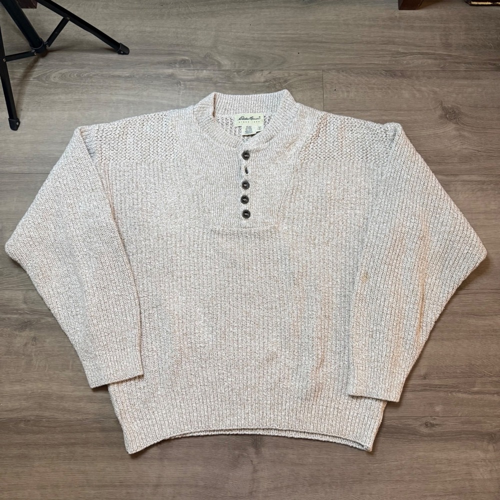 Eddie Bauer Henley Sweater Mens Small Oatmeal Vintage USA Cable Fishnet Knit